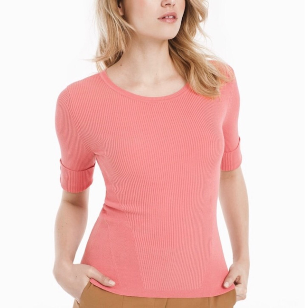WHBM Short Sleeve Ribbed Jewel Neck Sweater XL